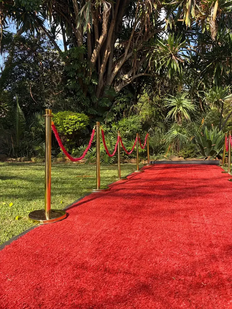 Red carpet walkway with gold rails and red velvet ropes